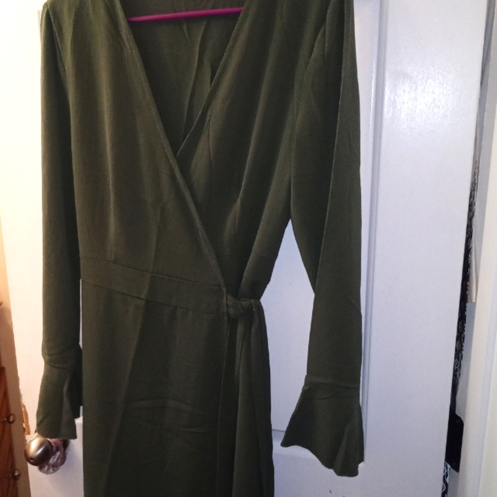 Elegant Sheer Olive Green Wrap Dress